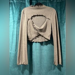 Super Soft Dusty Brown Scalloped Edge Long Sleeve Crop Top with Cutout SizeLarge